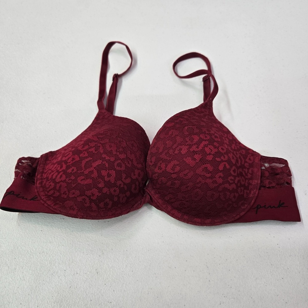 Victoria Secret PINK Women Bra 34B Red Lace Cheetah T Shirt Lightly Lined